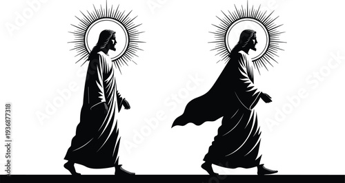 Jesus Christ walking silhouette with radiant halo, Christian religious symbol illustration set representing faith spirituality and biblical figure isolated vector design