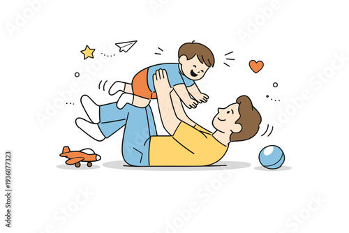 Playful parenting love. A friendly scene of a parent playing with a child on the floor, showing joy, attention, and connection. The mood is light and happy,
