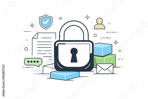 Data protection lock. A calm editorial scene showing a closed padlock over abstract data blocks or documents. Privacy, safety and controlled access, with