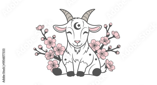 Baby goat with sakura blossoms and crescent moon on forehead
