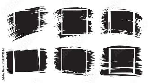 Abstract Black Paint Strokes with White Rectangle Frames Set