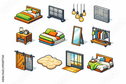 Urban Loft Bedroom. Colorful isometric vector icons set of urban loft bedroom: platform bed, industrial headboard, hanging bulb lights, concrete wall, bedside
