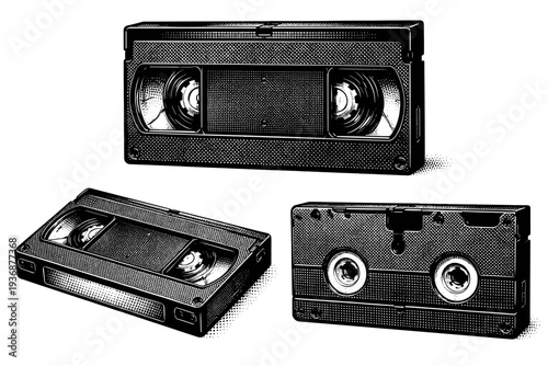 VHS tape ? vintage VHS cassette with textured casing, corner screws, and clear reel windows. Black and white dot style with halftone texture and high contrast.