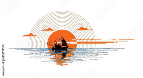 Minimalist illustration of a sailboat silhouetted against a vibrant orange sunset over water high quality professional