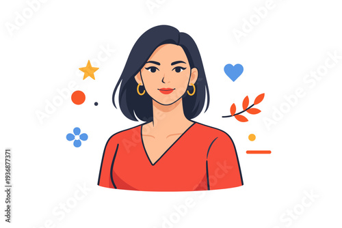 Female portrait focused on a confident woman shown in a clean half body view with calm expression and subtle decorative shapes, conveying individuality self