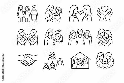 Female Family Relationship. Line icon set of Female Family Relationship: women figures, generational bond, mother daughter silhouettes, shared