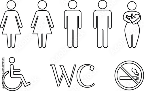 Public restroom and facility icons set, male female pregnant disabled wheelchair WC and no smoking symbols outline vector illustration collection
