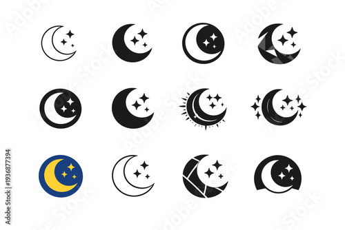 Astronomy and stargazing. Icon set. Set Logo of astronomy and stargazing: crescent moon and stars. harmonious logo variations of the same emblematic concept,