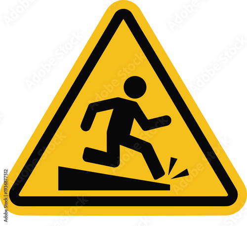 Warning slippery surface sign, caution falling hazard symbol with running person on slope, safety alert triangle icon isolated vector illustration