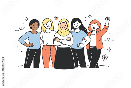 Women empowerment. Several women standing confidently together, relaxed poses showing unity and strength. The mood feels positive, inclusive, and uplifting.