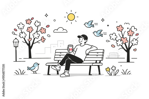 Sunny spring day in the city park. A person sitting on a bench with a coffee while trees bloom and birds fly nearby, expressing relaxed urban spring mood. Calm