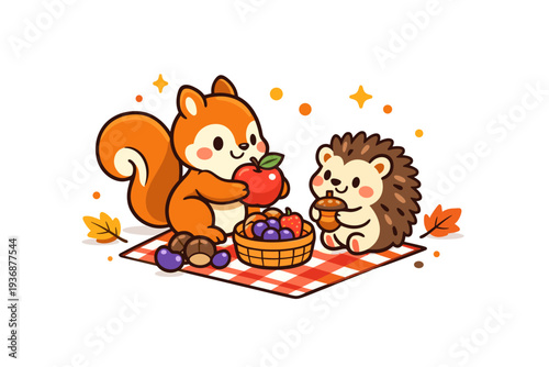 Cute Animals enjoying a cozy picnic with a cheerful squirrel and tiny hedgehog sharing fruits and nuts, surrounded by scattered leaves and small decorative