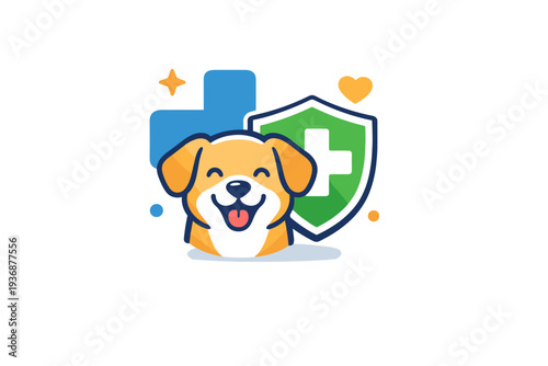 Dog health awareness visualized by a happy dog combined with a medical cross and shield icon, representing preventive care and wellbeing. The tone is calm,