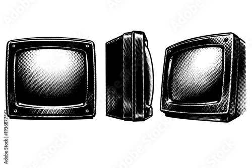 Arcade machine screen A realistic screen of a classic arcade machine presented as a single object in three views including front, side, and angled perspective,