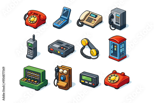 Old Phone. Colorful isometric vector icons set of Old Phone: rotary dial phone, flip phone, corded desk phone, payphone, early mobile phone, answering machine,