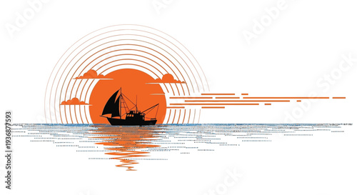 A stylized illustration depicts a sailboat silhouetted against a radiant orange sunset over water high quality