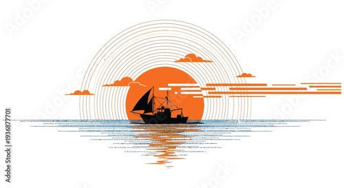 A stylized illustration depicts a sailboat silhouetted against a vibrant orange sunset over water high quality