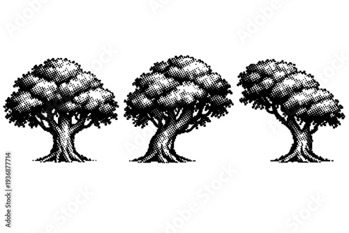 -bit pixel tree A realistic -bit style tree displayed as a single object in three views including front, angled, and side, focusing on blocky foliage, trunk