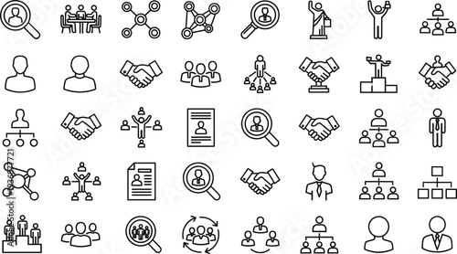Business teamwork recruitment and organizational structure outline icon set collaboration vector symbols collection