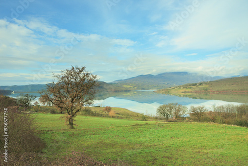 Lake Montedoglio (Italian: Lago di Montedoglio), an artificial lake in the Province of Arezzo, Tuscany, Italy