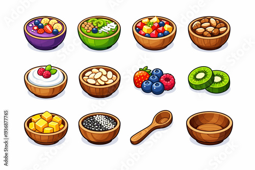 Vegan Bowls. Colorful isometric vector icons set of Vegan Bowls: acai bowl, green smoothie bowl, fruit bowl, nut toppings, coconut yogurt, almond slices, fresh