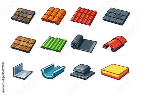 Roofing Materials. Colorful isometric vector icons set of Roofing Materials: asphalt shingles, clay tiles, metal sheets, slate tiles, wooden