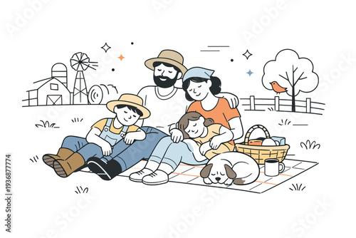 Farm life family moment. A peaceful scene of people resting together outdoors on a farm after work. Quiet connection, simplicity, soft decorative accents