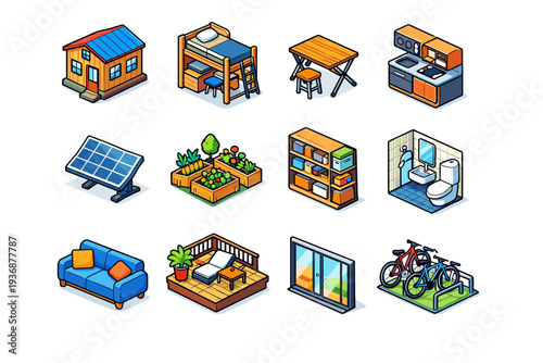 Tiny House. Colorful isometric vector icons set of Tiny House: small house, loft bed, foldable table, compact kitchen, solar panel, tiny garden, storage