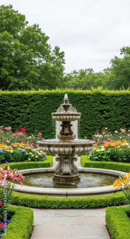 Obraz premium A beautiful, formal garden with a large stone water fountain positioned right in the center, surrounded by lush green foliage and flowering shrubs, perennial, focus, central