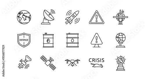 Linear vector icons for global challenges Geopolitics, defense, technology, and crisis. Symbols for international affairs, security, and industrial risk