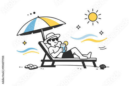 Beach relaxation. A person lounging on a beach chair under a large umbrella, sipping a cool drink with the sun shining brightly. Calm, cheerful summer vibe