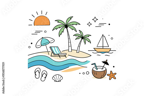Tropical beach concept. An abstract editorial composition combining sun, waves, palms, and beach icons in a clean layout. The mood feels modern, fresh, and