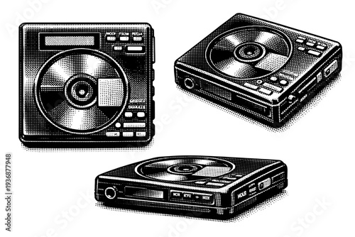 Mini Disc player with visible disc window. A realistic Mini Disc player featuring a transparent disc window is depicted as one object shown in three views