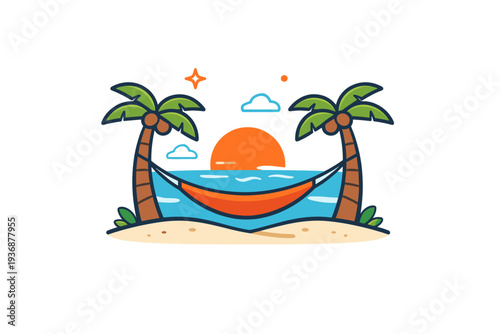 Island life featuring a calm hammock tied between two palms with gentle waves and a setting sun in the background, evoking rest, warmth, and peaceful seaside