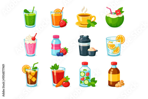 HealthyDrinks. Colorful flat vector icons set of drinks: green smoothie, fruit juice, herbal tea, coconut water, milkshake, yogurt drink, protein shake, lemon