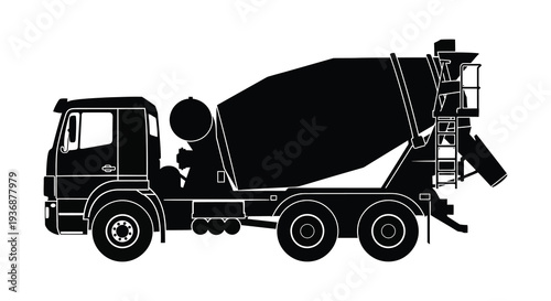A black silhouette of a concrete mixer truck is shown in a side profile view