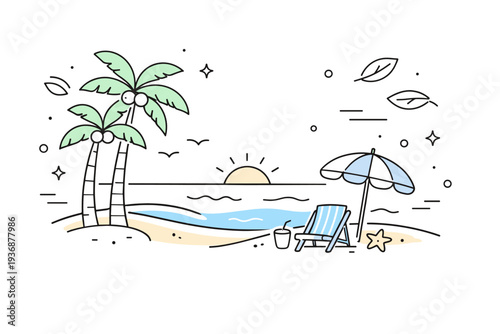 Tropical beach scene. Tall palm trees swaying gently over a sandy beach with calm waves in the background, conveying relaxation and warmth. Soft,
