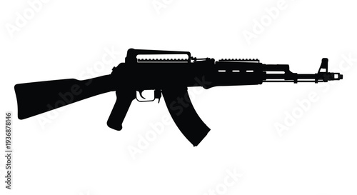 Silhouette of an ak 47 assault rifle against a stark white background weapon displayed in profile