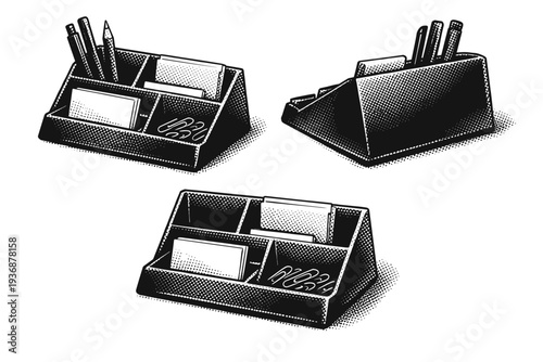 Office desk organizer angled desktop caddy. A realistic angled office desk organizer designed as a desktop caddy is depicted as a single object shown in three