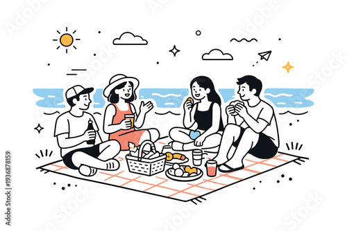 Seaside picnic. A small group sitting on a blanket near the shoreline, enjoying snacks and soft conversations, gentle waves in the background, relaxed and