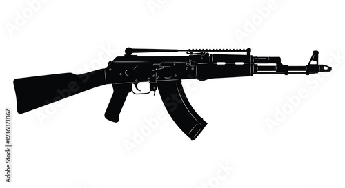 A silhouetted depiction of an ak 47 assault rifle shown in a side profile against a white background
