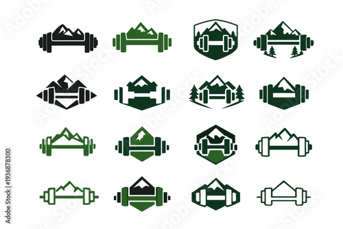 Outdoor bootcamp training. Icon set. Set Logo of bootcamp: dumbbell or weights. harmonious logo variations of the same emblematic concept, each with different