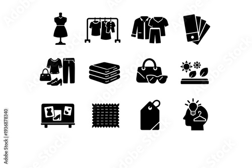 Fashion merchandising. Solid icon set of Fashion merchandising: dressed mannequin, clothing rack, capsule collection, color palette swatches, outfit styling,