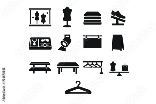 Retail display. Solid icon set of Retail display: window showcase, mannequin torso, folded clothes stack, shoe display stand, accessory tray,