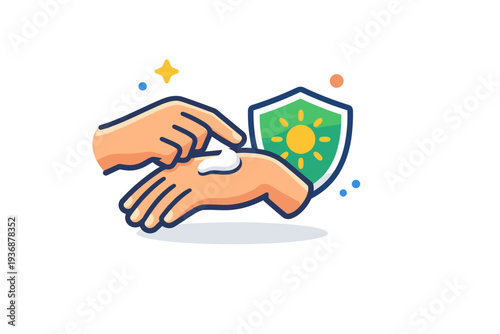 Sunscreen skincare awareness visualized with a hand applying lotion and a small shield symbol, conveying prevention, trust and healthy self-care. Minimalist
