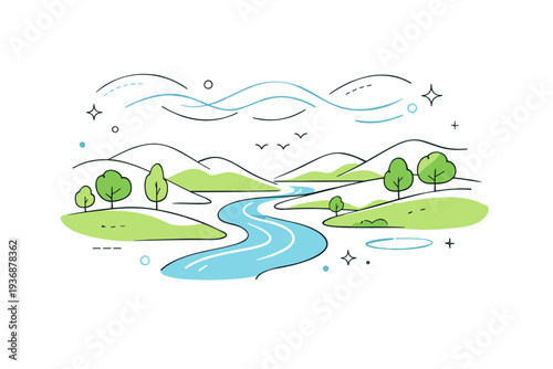 River valley. A green landscape with a winding river flowing through hills and scattered trees, showing tranquility and natural balance. Soft floating abstract
