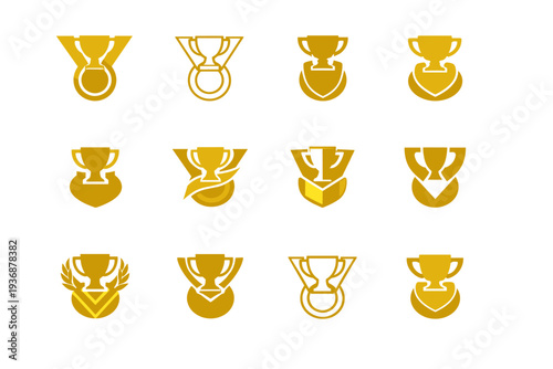 gold medal. Icon set. Set Logo of gold medal: trophy medal fusion. harmonious logo variations of the same emblematic concept, each with different artistic