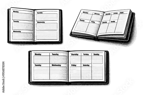 Paper planner weekly layout pages. A realistic paper planner focused on weekly layout pages is shown as one object presented in three views emphasizing grid