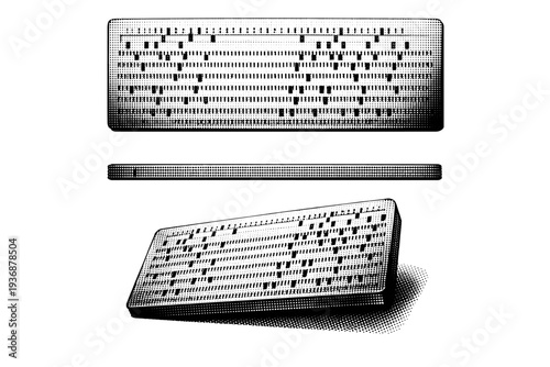 Punch card A realistic vintage punch card shown as a single object in three views including top, side, and angled perspective, emphasizing rectangular shape,