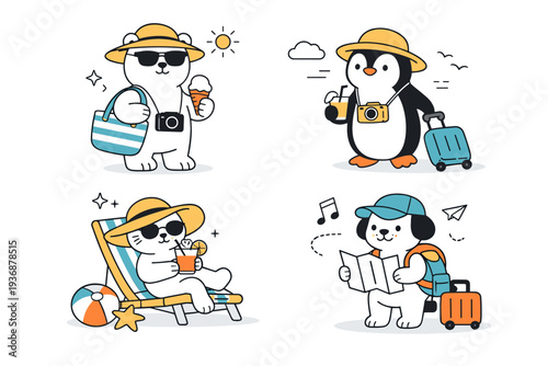 Summer vacation animals. A modern editorial scene showing animals traveling or relaxing with hats, bags, or sunglasses. The mood feels cute, humorous, and